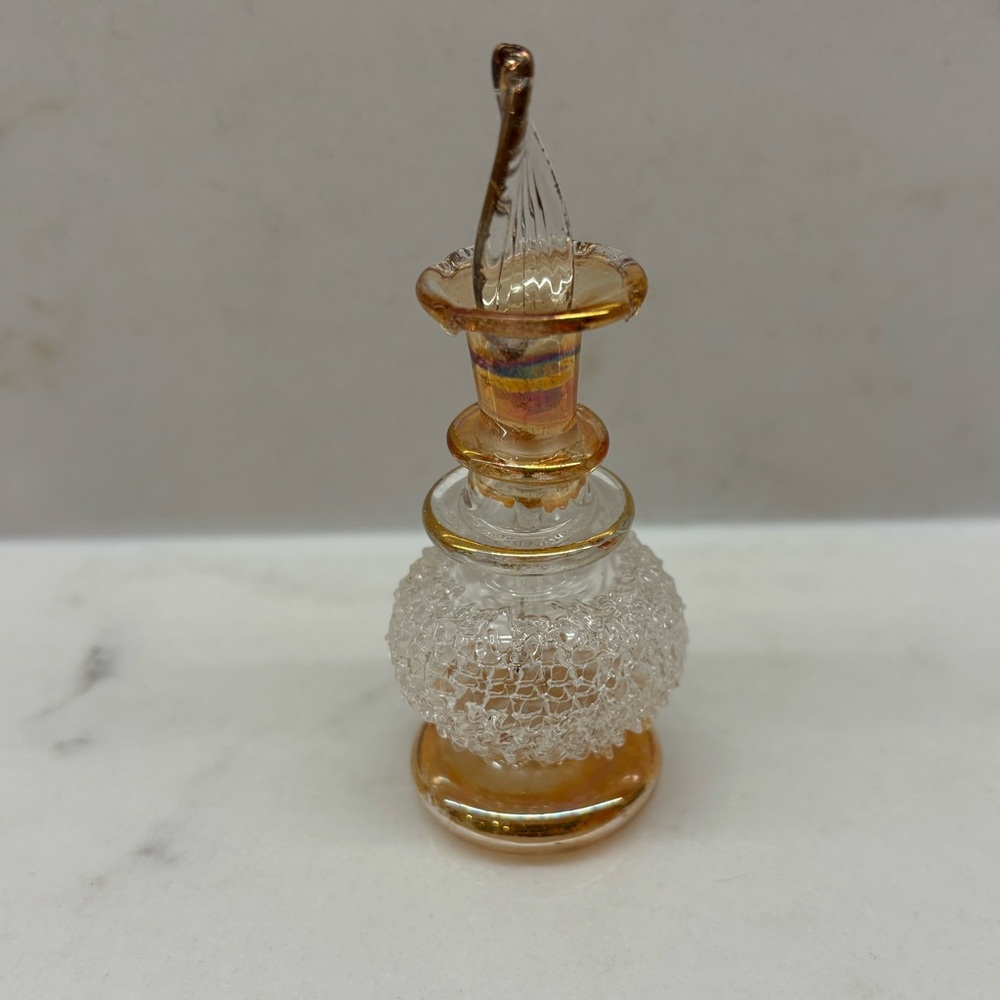 Miniature Mouth Blown Egyptian Perfume Bottle Gold Painted Glass 3”